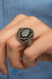 Siyah Taşlı Aslan Başı Kapı Tokmak Modeli 925 Gümüş Erkek Yüzük - 7