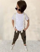 Erkek Çocuk Askı Detaylı Tişört Kargo Cepli Haki Pantolon Alt Üst Takım thumbnail 3