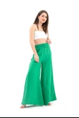 Geniş Kemerli Bol Paça Düz Keten Kadın Pantolon - Yeşil thumbnail 3