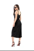 Ayarlanabilir Askılı Saten Elbise - Siyah - 4