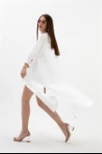Truvakar Kol Önü Düğmeli Cepli Keten Elbise - Ekru thumbnail 2