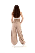 Yüksek Bel Beli ve Paçası Lastikli Paraşüt Kumaş Pantolon - Bej thumbnail 7