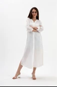Truvakar Kol Önü Düğmeli Cepli Keten Elbise - Ekru thumbnail 4