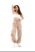 Yüksek Bel Beli ve Paçası Lastikli Paraşüt Kumaş Pantolon - Bej thumbnail 2