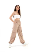 Yüksek Bel Beli ve Paçası Lastikli Paraşüt Kumaş Pantolon - Bej thumbnail 1