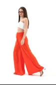 Geniş Kemerli Bol Paça Düz Keten Kadın Pantolon - Oranj thumbnail 4