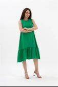 Kristal Keten Kolsuz Kadın Salaş Elbise - Yeşil thumbnail 3