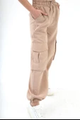 Yüksek Bel Beli ve Paçası Lastikli Paraşüt Kumaş Pantolon - Bej thumbnail 6