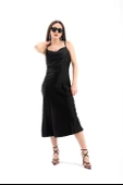 Ayarlanabilir Askılı Saten Elbise - Siyah - 3