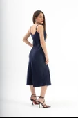 Ayarlanabilir Askılı Saten Elbise - Lacivert thumbnail 5