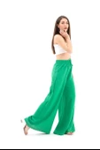 Geniş Kemerli Bol Paça Düz Keten Kadın Pantolon - Yeşil thumbnail 5