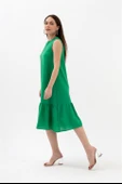 Kristal Keten Kolsuz Kadın Salaş Elbise - Yeşil thumbnail 4