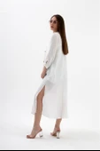Truvakar Kol Önü Düğmeli Cepli Keten Elbise - Ekru thumbnail 6