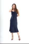 Ayarlanabilir Askılı Saten Elbise - Lacivert thumbnail 1