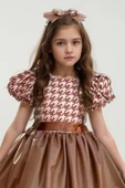 Kız Çocuk Balon Kollu Kazayağı Desenli Deri Etekli Tül Detaylı Taba Elbise thumbnail 10