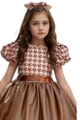 Kız Çocuk Balon Kollu Kazayağı Desenli Deri Etekli Tül Detaylı Taba Elbise thumbnail 2