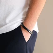 316L Çelik Deri Siyah Erkek Spor Kelepçe Bileklik EBLK-451 thumbnail 2