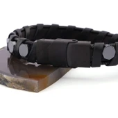 316L Çelik Deri Siyah Erkek Spor Kelepçe Bileklik EBLK-451 thumbnail 4