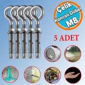 Kancalı Çelik Dübel M8 (5 ADET) Salıncak Boks Torbası Lamba Avize İçin Gömlekli Kapalı Ağız Kanca - 1