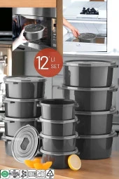 Mikrodalga Ve Difrizde Kullanılabilen Saklama Kabı Seti Yuvarlak 12'li Antrasit thumbnail 1