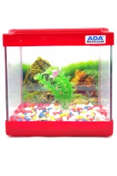 Mini Akvaryum Kırmızı 20x20x15 Akvaryum  Renkli Çakıl  Plastik Bitki Arka Fon - 1