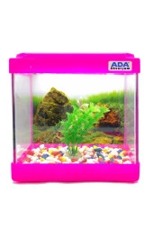 Mini Akvaryum Pembe 20x20x15 Akvaryum  Renkli Çakıl  Plastik Bitki Arka Fon - 1