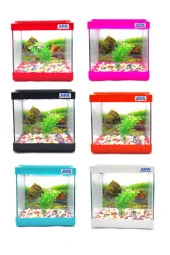 Mini Akvaryum Pembe 20x20x15 Akvaryum  Renkli Çakıl  Plastik Bitki Arka Fon - 2