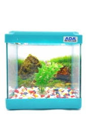 Mini Akvaryum Mavi 20x20x15 Akvaryum  Renkli Çakıl  Plastik Bitki Arka Fon - 1