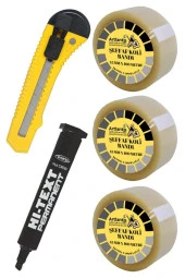 Koli Bandı Koli Kalemi ve Maket Bıçağı 1 Paket 3 Adet Koli Bant 100 Metre Şeffaf Kesik Uç Markör Kalem ve Plastik Maket Bıçağı Büyük - 1