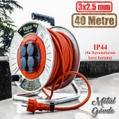Makaralı Seyyar Kablo Kapaklı 4 Prizli Metal Uzatma Kablosu 3x2.5 mm TTR Kablo 40 Metre - 1