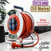Makaralı Seyyar Kablo Kapaklı 4 Prizli Metal Uzatma Kablosu 3x1.5 mm TTR Kablo 50 Metre - 1
