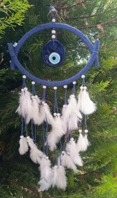 Nazar Boncuklu Hasır Mavi Düş Kapanı Dreamcatcher Kötü Rüya Kovucu Rüya Kapanı Duvar Süsü - 2