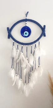 Nazar Boncuklu Hasır Mavi Düş Kapanı Dreamcatcher Kötü Rüya Kovucu Rüya Kapanı Duvar Süsü - 5