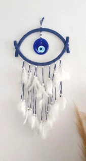 Nazar Boncuklu Hasır Mavi Düş Kapanı Dreamcatcher Kötü Rüya Kovucu Rüya Kapanı Duvar Süsü - 6