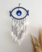 Nazar Boncuklu Hasır Mavi Düş Kapanı Dreamcatcher Kötü Rüya Kovucu Rüya Kapanı Duvar Süsü - 8