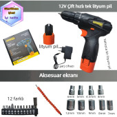 12v 1.5 Ah Metal Şanzıman Tek Akülü Şarjlı Matkap 22 Parça Akülü Vidalama Set Elektrikli Matkap - 1