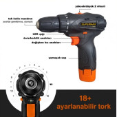12v 1.5 Ah Metal Şanzıman Tek Akülü Şarjlı Matkap 22 Parça Akülü Vidalama Set Elektrikli Matkap - 3