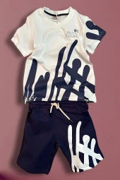 Çizgiler Desenli Erkek Çocuk Şortlu Takım - 1