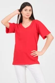 As Collection Kırmızı V Yaka Kısa Kol Boyfriend Kadın T-Shirt - 2