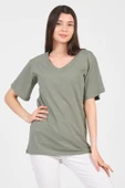 As Collection Yeşil V Yaka Kısa Kol Boyfriend Kadın T-Shirt - 2