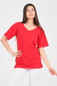 As Collection Kırmızı V Yaka Kısa Kol Boyfriend Kadın T-Shirt - 1