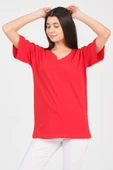 As Collection Kırmızı V Yaka Kısa Kol Boyfriend Kadın T-Shirt - 3