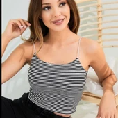 As Collection Siyah İp Askılı Çizgili Kadın Crop Atlet - 1