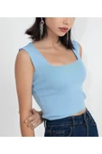 As Collection Mavi Kare Yaka Likralı Fit Triko Kadın Crop Bluz - 3