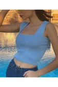 As Collection Mavi Kare Yaka Likralı Fit Triko Kadın Crop Bluz - 4