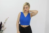 As Collection Mavi Kalın Askılı Kruvaze Triko Kadın Bluz - 1