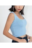 As Collection Mavi Kare Yaka Likralı Fit Triko Kadın Crop Bluz - 2