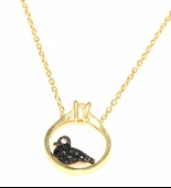 925 Ayar Gümüş Güvercinli Tektaş Kolye, Sarı - Siyah Taş thumbnail 1