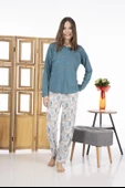 Estiva 24119 Kadın Yaprak Desenli Uzun Kollu Yazlık Viskon Pijama Takımı - 1