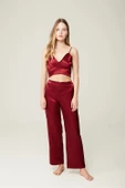 Saten Büstiyer Sabahlık Pantolon Felicia 3'lü Takım Bordo - 2